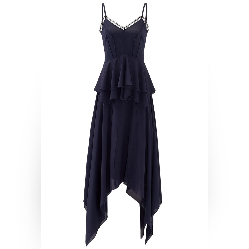 $3,990 DEREK LAM SILK NAVY BLUE PEPLUM ASYMETRIC LONG GOWN DRESS US 4